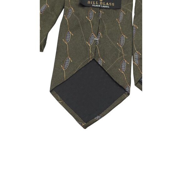 Bill Blass Black Label Olive Green Designer Silk Necktie Floral Geometric Print - Picture 5 of 6